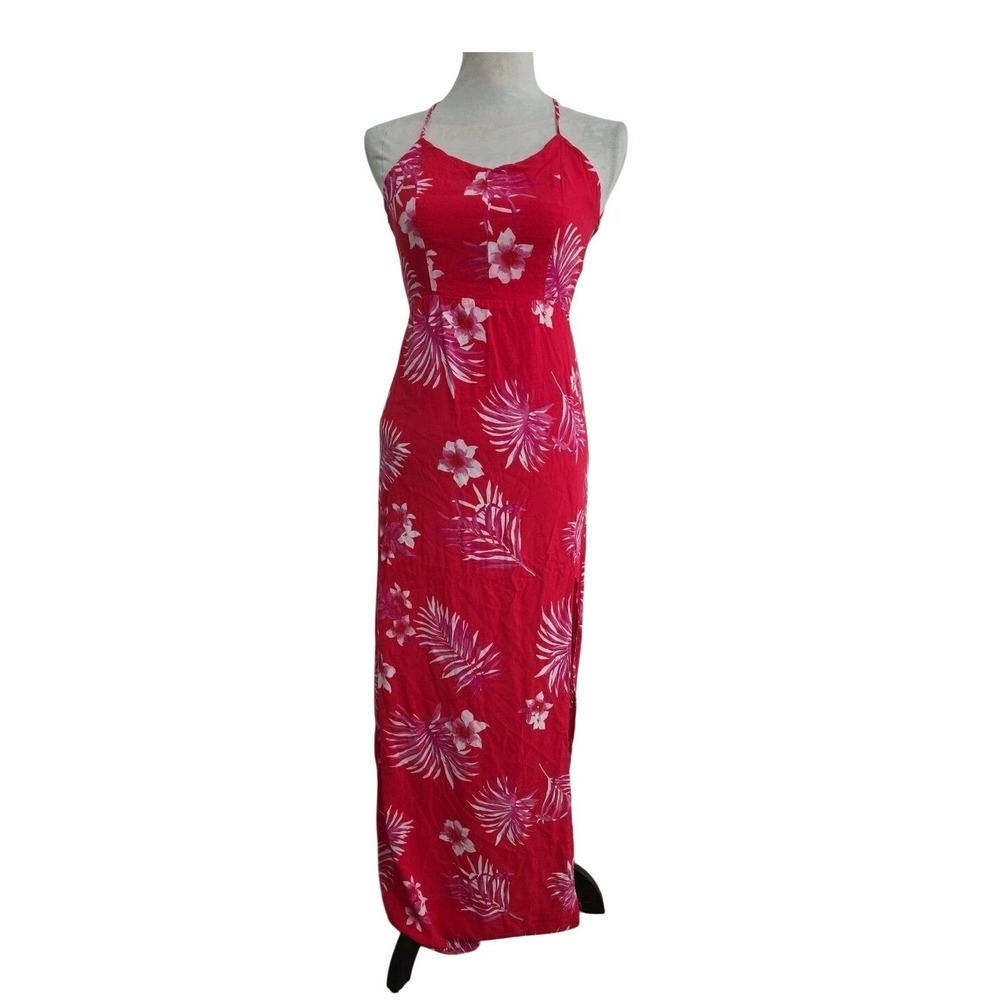 Favlu Fashion Womens Red Tropical Floral Strappy Back Maxi Dress Slit Size M